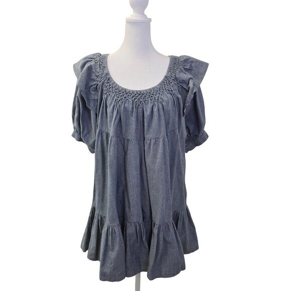 Free People Amelie Chambray Ruffle Hem Puff Sleeve Mini Dress Size Small - Picture 1 of 8